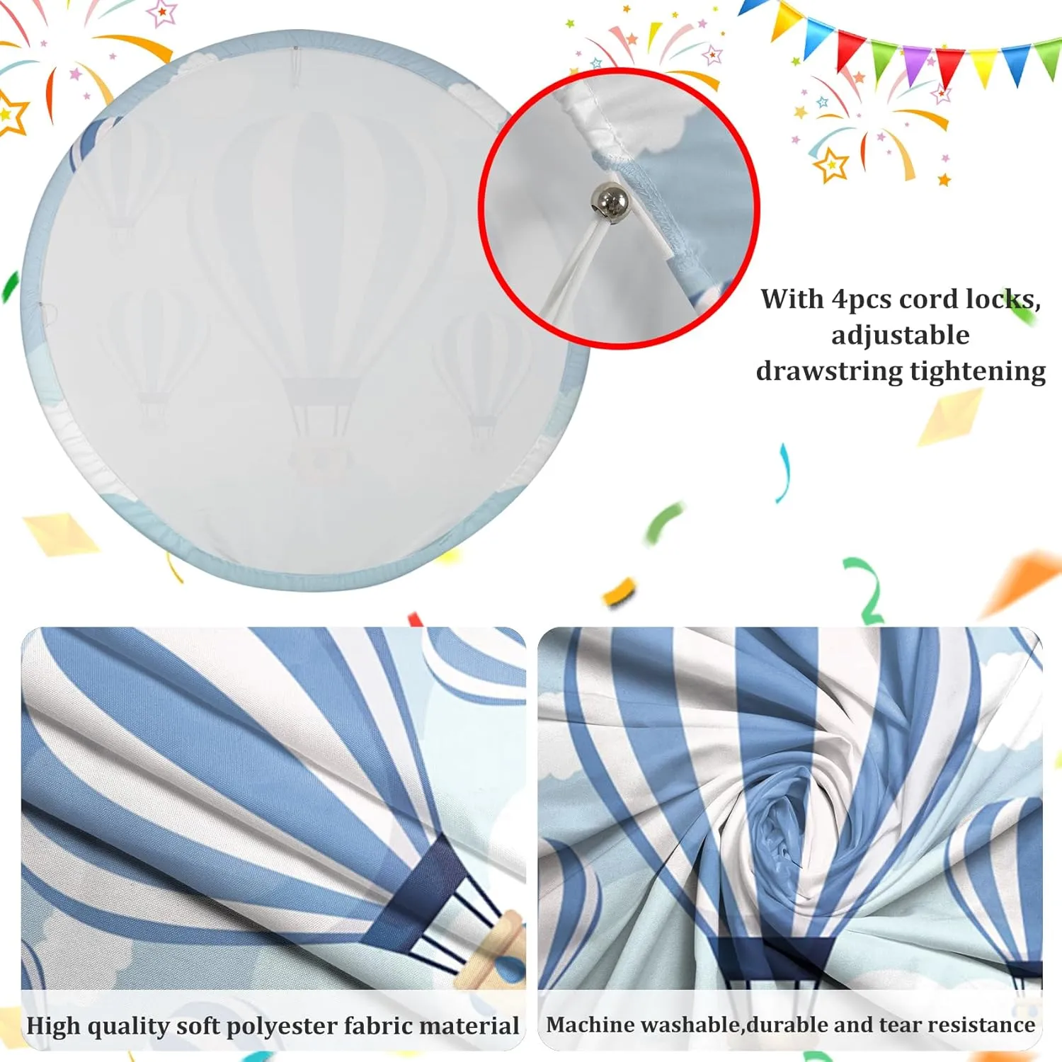 AOFOTO 6.5x6.5ft Hot Air Balloon Round Backdrop Cover Blue Sky White Clouds Travel Away Adventure Theme Circle Photography Background for Baby Shower Kids Birthday Party Decor Photo Booth Props