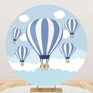AOFOTO 6.5x6.5ft Hot Air Balloon Round Backdrop Cover Blue Sky White Clouds Travel Away Adventure Theme Circle Photography Background for Baby Shower Kids Birthday Party Decor Photo Booth Props