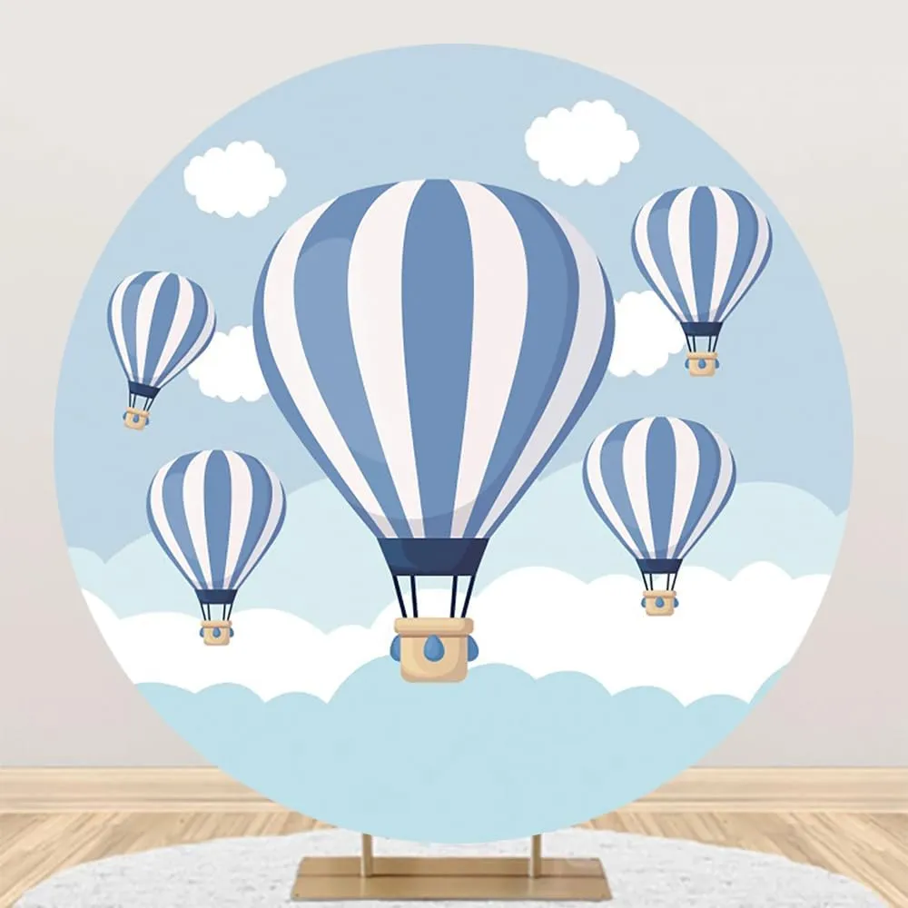 AOFOTO 6.5x6.5ft Hot Air Balloon Round Backdrop Cover Blue Sky White Clouds Travel Away Adventure Theme Circle Photography Background for Baby Shower Kids Birthday Party Decor Photo Booth Props