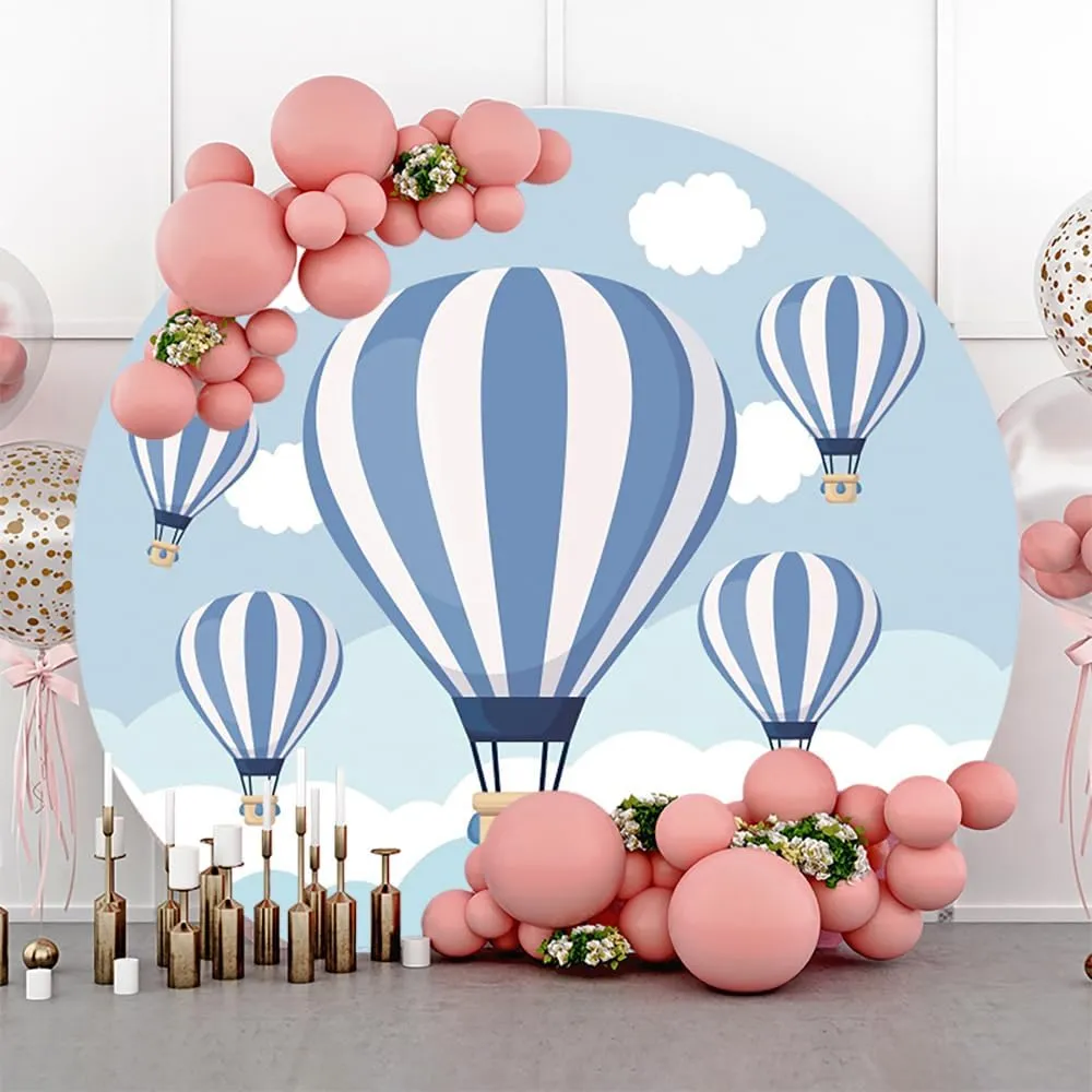AOFOTO 6.5x6.5ft Hot Air Balloon Round Backdrop Cover Blue Sky White Clouds Travel Away Adventure Theme Circle Photography Background for Baby Shower Kids Birthday Party Decor Photo Booth Props