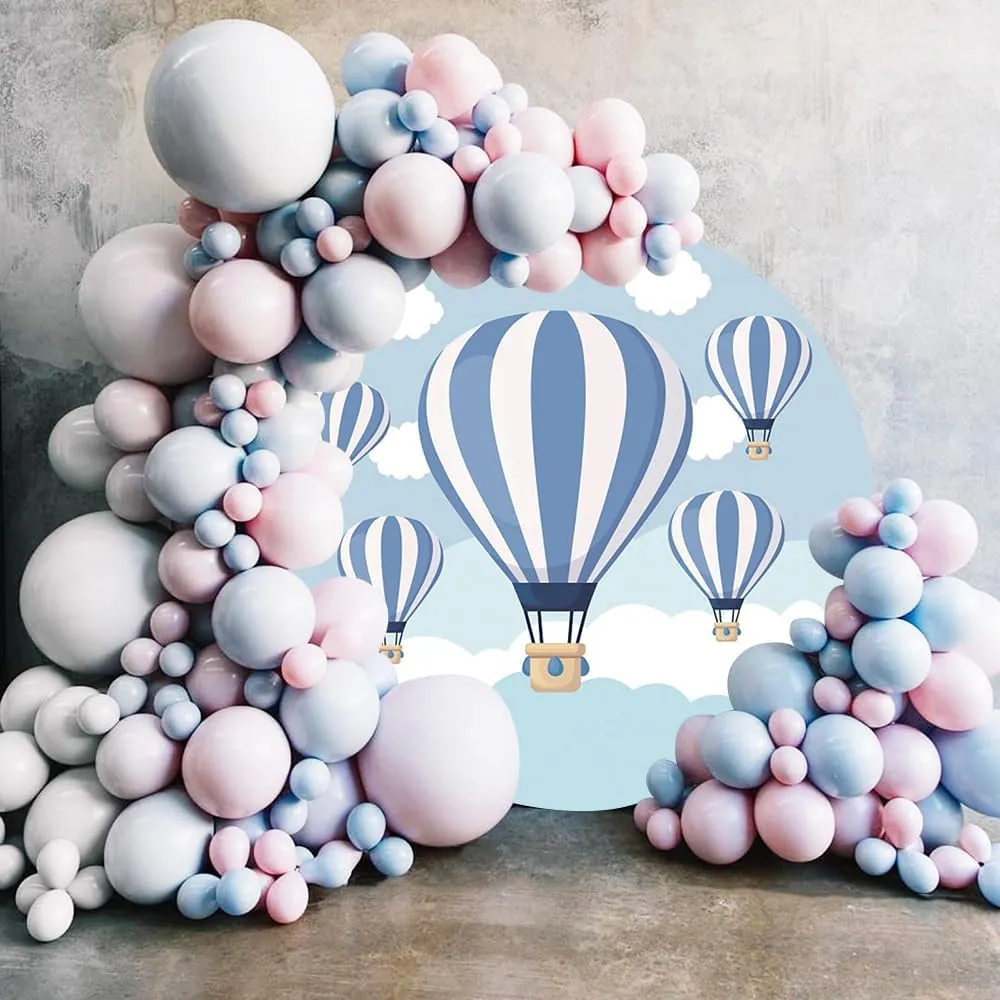 AOFOTO 6.5x6.5ft Hot Air Balloon Round Backdrop Cover Blue Sky White Clouds Travel Away Adventure Theme Circle Photography Background for Baby Shower Kids Birthday Party Decor Photo Booth Props