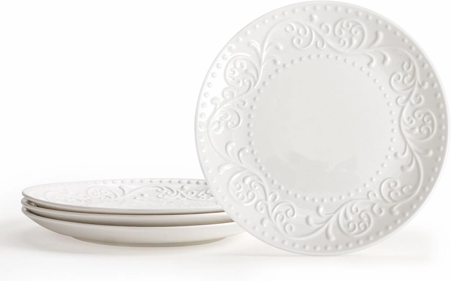 Artena Embossed Ceramic Salad Plates, White Dinner Plates 8.25 inch, Kitchen Plates Set of 4, Pasta Plate for Appetizer, Dessert, Serving Dishes for Entertaining, Party, Microwave/Oven/Dishwasher Safe
