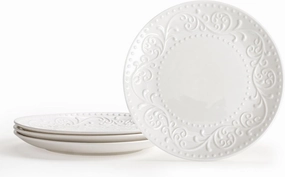 Artena Embossed Ceramic Salad Plates, White Dinner Plates 8.25 inch, Kitchen Plates Set of 4, Pasta Plate for Appetizer, Dessert, Serving Dishes for Entertaining, Party, Microwave/Oven/Dishwasher Safe