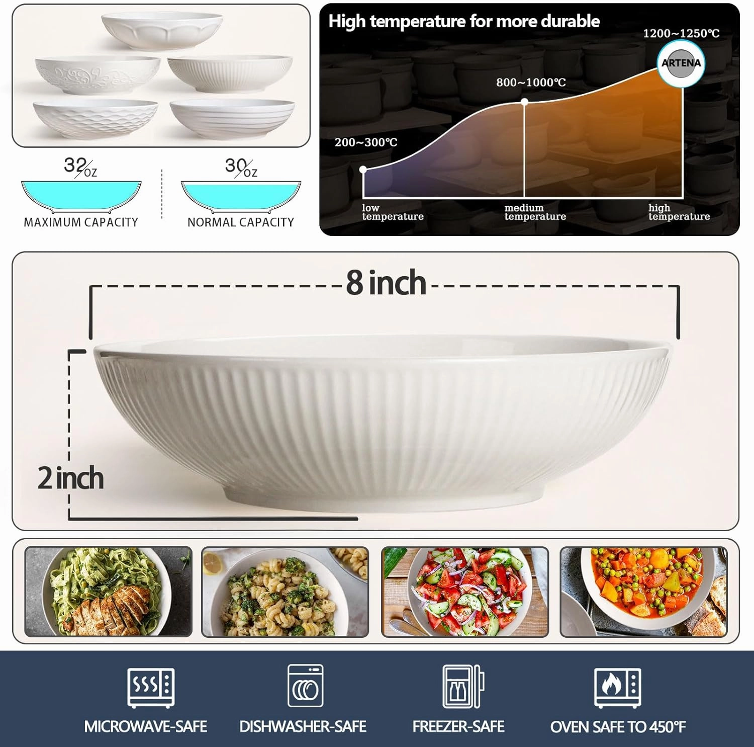Artena Pasta Bowls 32oz, Ceramic Large Salad Bowls 8 inch, Striped Soup Bowls Set of 4, White Serving Bowls for Entertaining, Wide Shallow Dinner Bowls for Spaghetti, Microwave Dishwasher Oven Safe