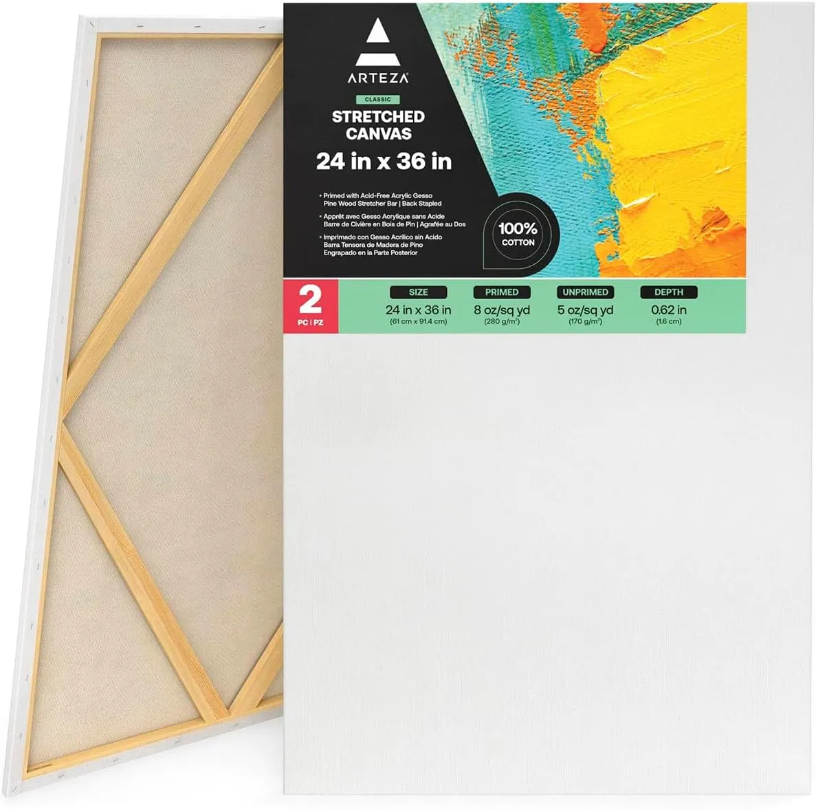 ARTEZA Stretched Canvas, 24 x 36 Inches, Pack of 2, Blank White Large Canvas for Painting for Acrylic, Oil and Gouache Paints