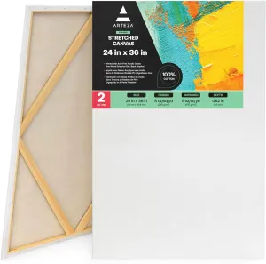 ARTEZA Stretched Canvas, 24 x 36 Inches, Pack of 2, Blank White Large Canvas for Painting for Acrylic, Oil and Gouache Paints