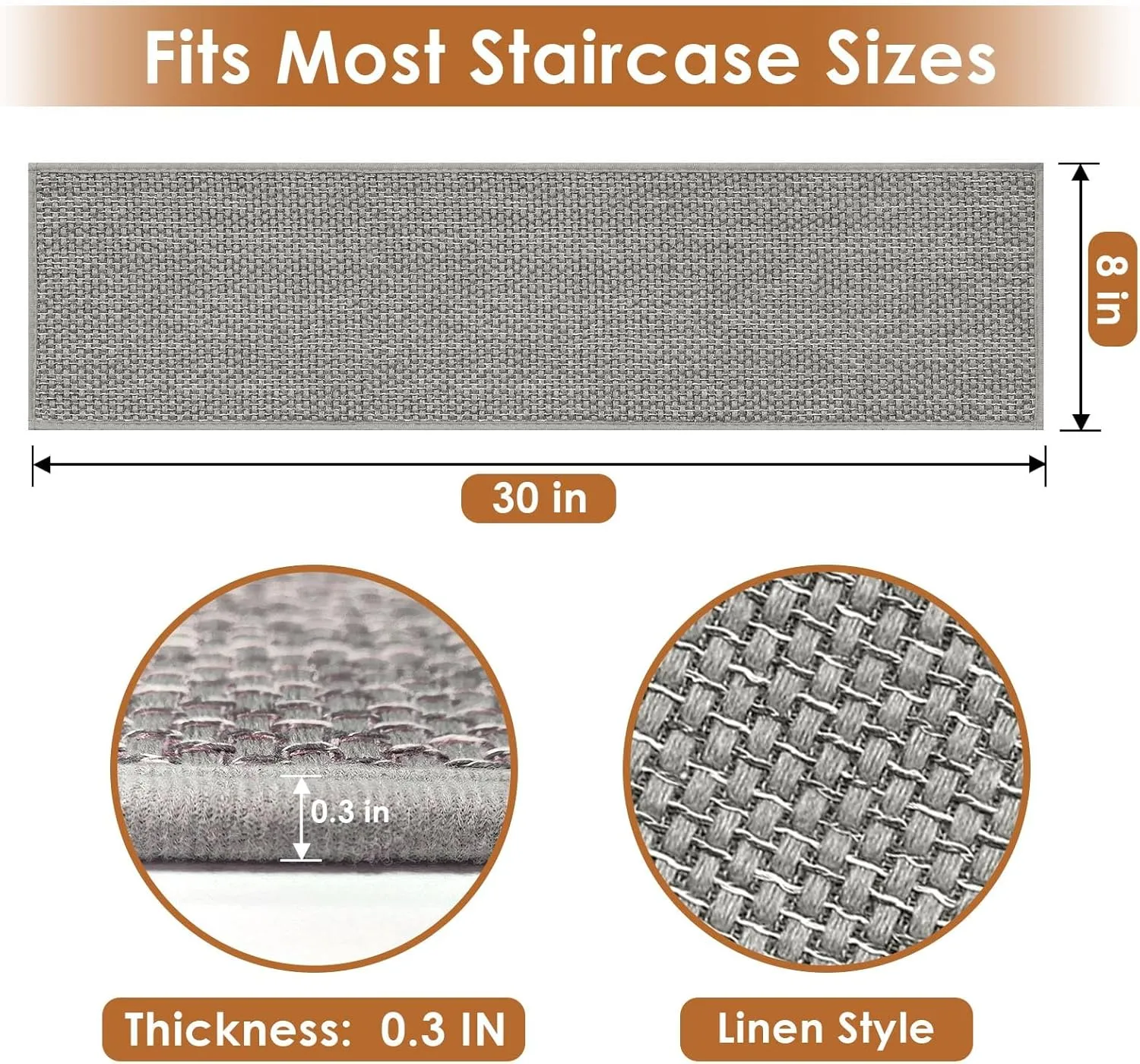 Arttown 15 Pcs 30" x 8" Linen Non-Slip Stair Tread Mats for Indoor Wooden Steps Step Mats with Reusable Adhesive Peel and Stick Carpet Stair Treads for Kids, Elderly and Pets, Grey