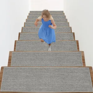 Arttown 15 Pcs 30" x 8" Linen Non-Slip Stair Tread Mats for Indoor Wooden Steps Step Mats with Reusable Adhesive Peel and Stick Carpet Stair Treads for Kids, Elderly and Pets, Grey