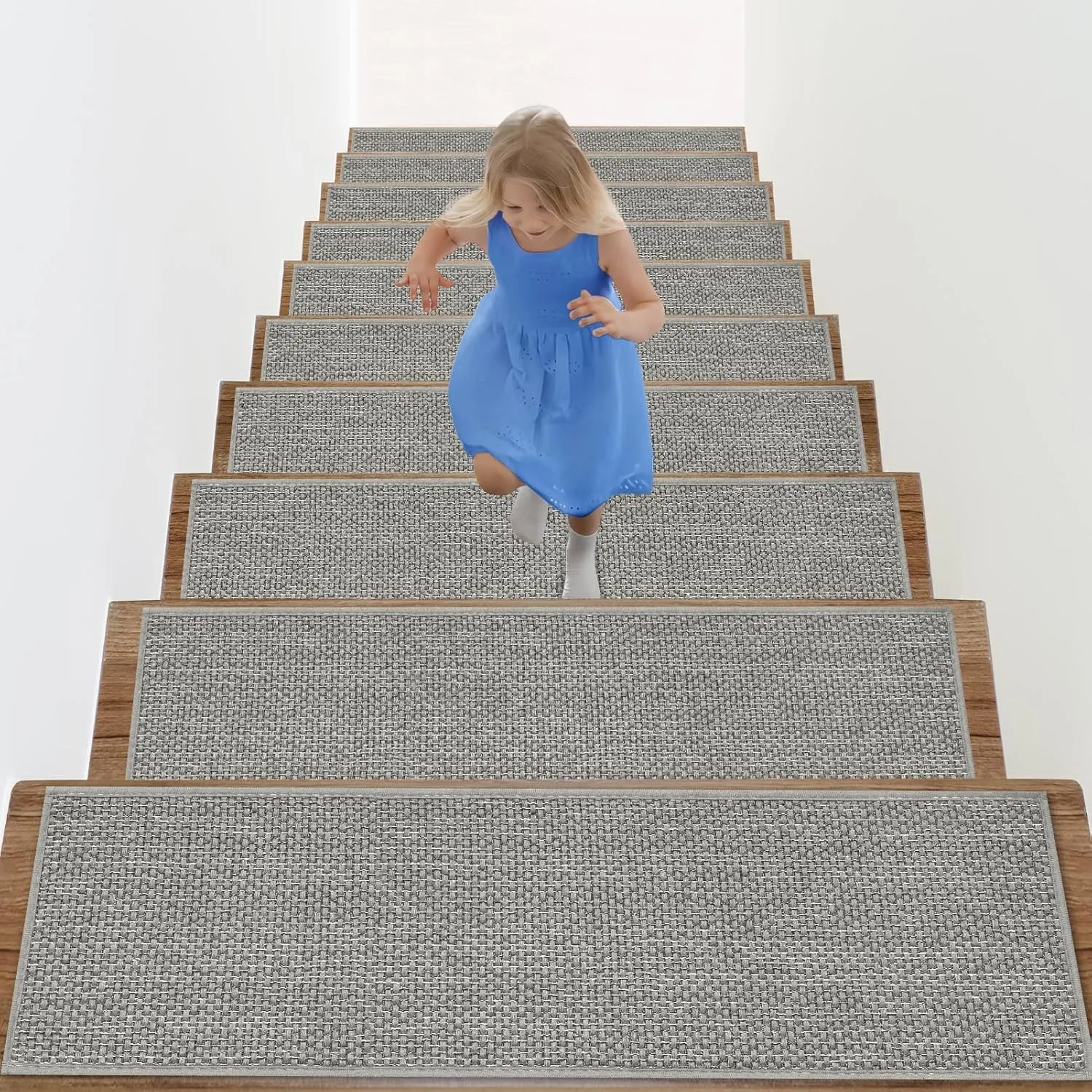 Arttown 15 Pcs 30" x 8" Linen Non-Slip Stair Tread Mats for Indoor Wooden Steps Step Mats with Reusable Adhesive Peel and Stick Carpet Stair Treads for Kids, Elderly and Pets, Grey