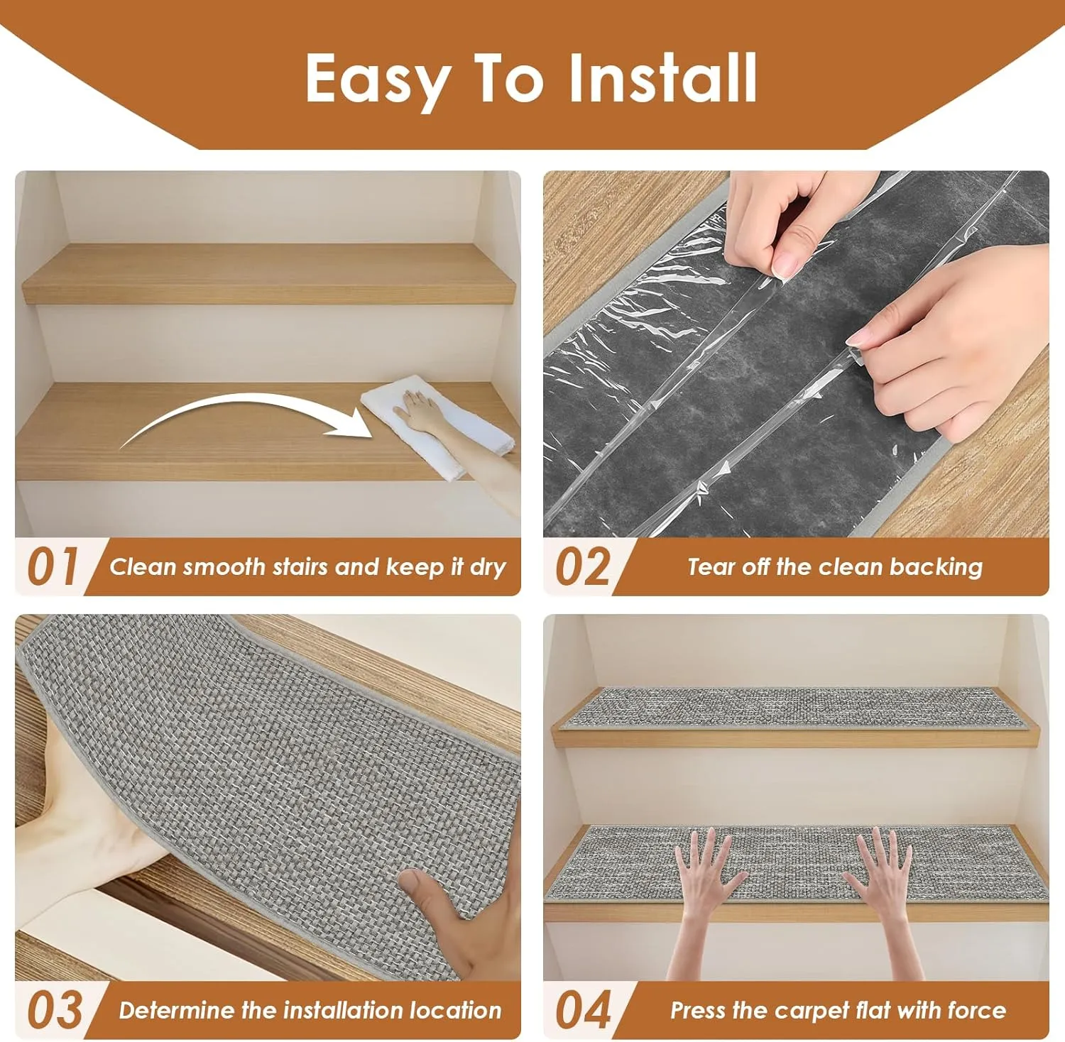 Arttown 15 Pcs 30" x 8" Linen Non-Slip Stair Tread Mats for Indoor Wooden Steps Step Mats with Reusable Adhesive Peel and Stick Carpet Stair Treads for Kids, Elderly and Pets, Grey