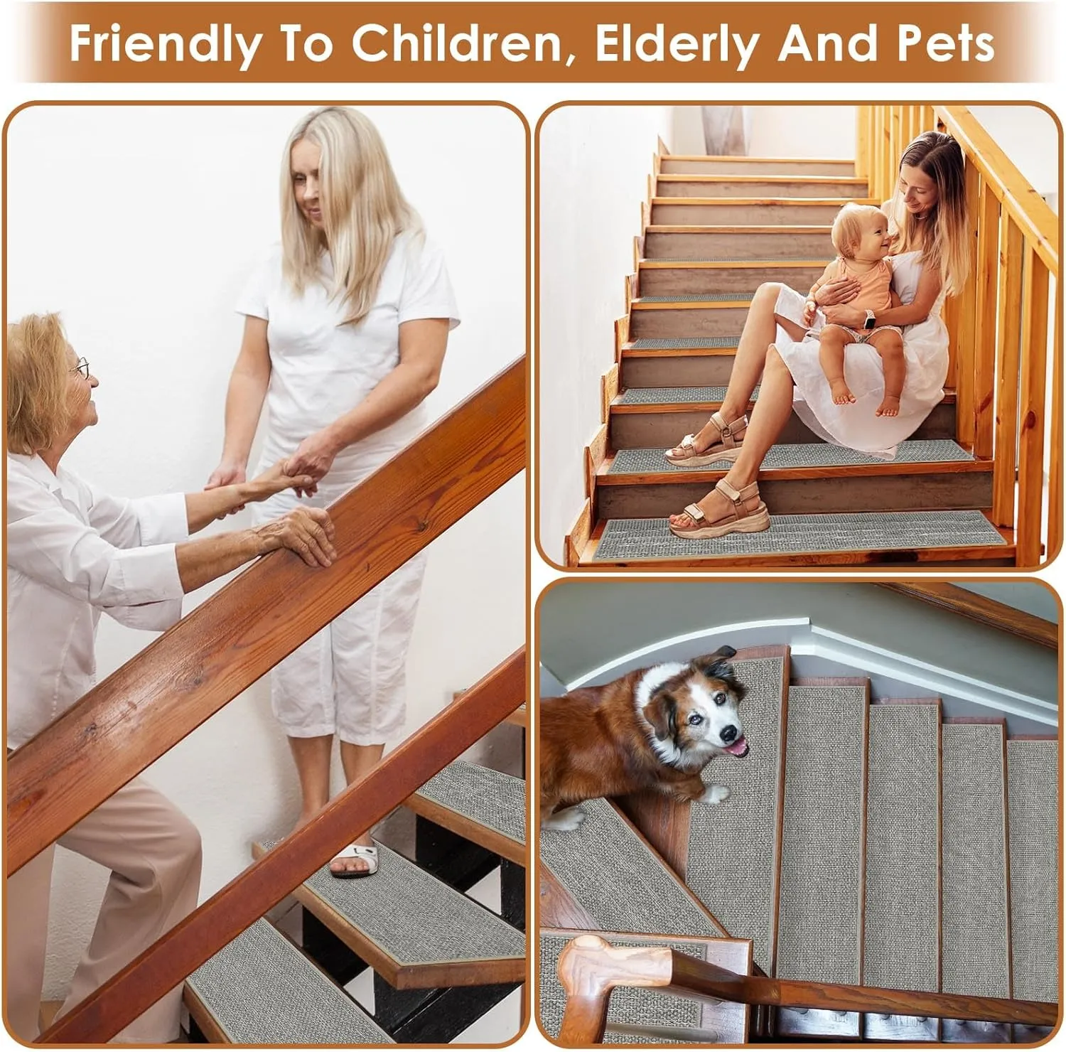 Arttown 15 Pcs 30" x 8" Linen Non-Slip Stair Tread Mats for Indoor Wooden Steps Step Mats with Reusable Adhesive Peel and Stick Carpet Stair Treads for Kids, Elderly and Pets, Grey