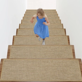 Arttown 15 Pcs 30" x 8" Linen Non-Slip Stair Tread Mats for Indoor Wooden Steps Step Mats with Reusable Adhesive Peel and Stick Carpet Stair Treads for Kids, Elderly and Pets, Beige