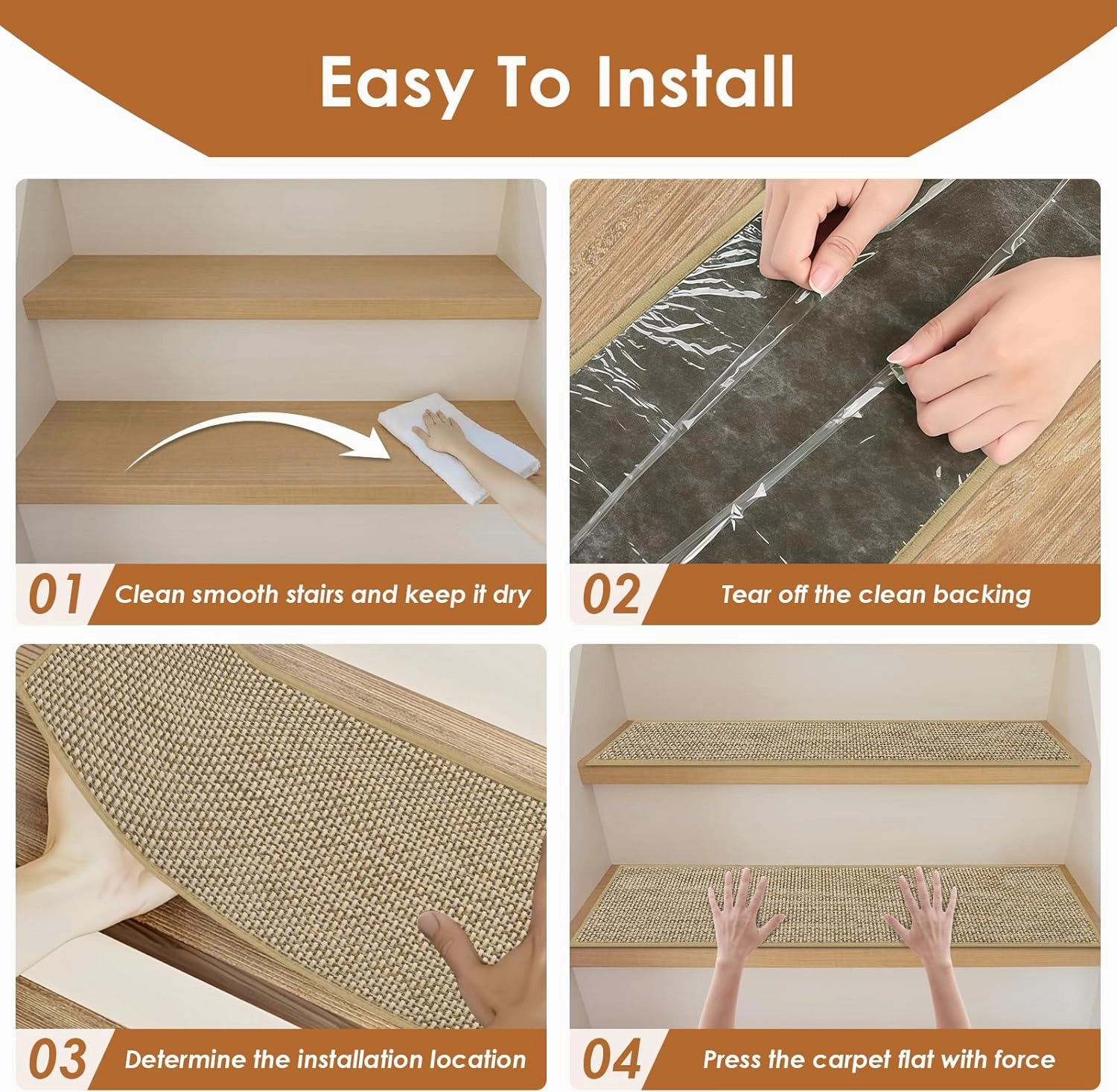 Arttown 15 Pcs 30" x 8" Linen Non-Slip Stair Tread Mats for Indoor Wooden Steps Step Mats with Reusable Adhesive Peel and Stick Carpet Stair Treads for Kids, Elderly and Pets, Beige