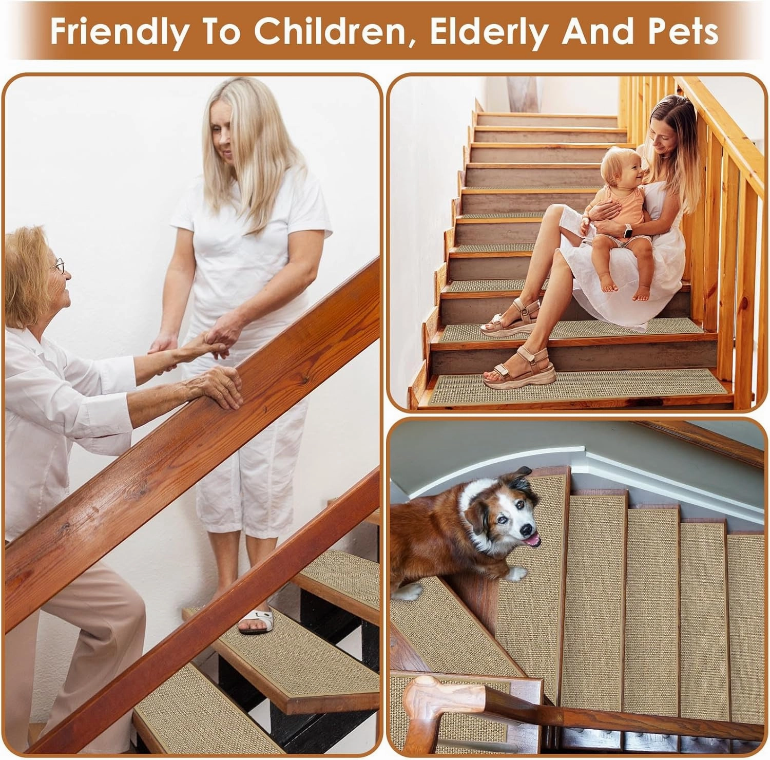 Arttown 15 Pcs 30" x 8" Linen Non-Slip Stair Tread Mats for Indoor Wooden Steps Step Mats with Reusable Adhesive Peel and Stick Carpet Stair Treads for Kids, Elderly and Pets, Beige