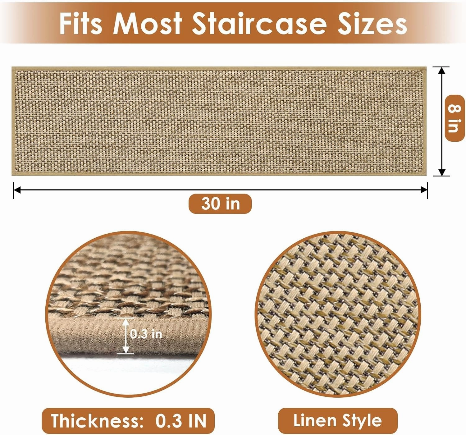 Arttown 15 Pcs 30" x 8" Linen Non-Slip Stair Tread Mats for Indoor Wooden Steps Step Mats with Reusable Adhesive Peel and Stick Carpet Stair Treads for Kids, Elderly and Pets, Beige
