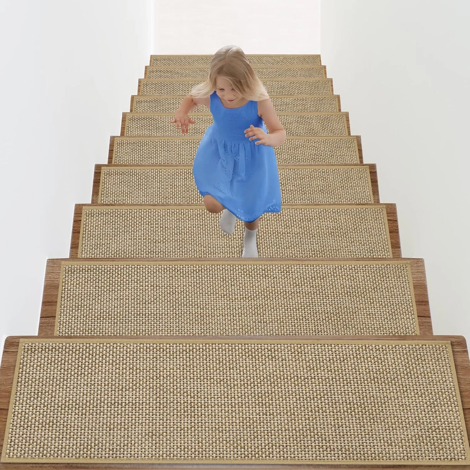 Arttown 15 Pcs 30" x 8" Linen Non-Slip Stair Tread Mats for Indoor Wooden Steps Step Mats with Reusable Adhesive Peel and Stick Carpet Stair Treads for Kids, Elderly and Pets, Beige