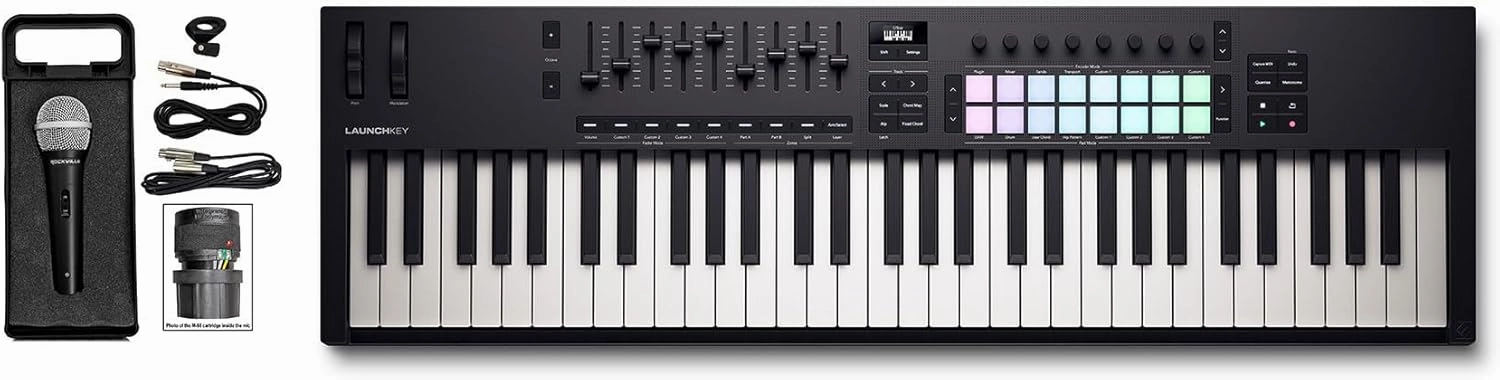 Audiosavings Bundle: Novation LAUNCHKEY 61 MK4 61-Key USB MIDI Ableton Live Keyboard Controller Bundle with Rockville RMC-XLR High-End Metal DJ Handheld Wired Microphone Mic w (2) Cables (2 Items)