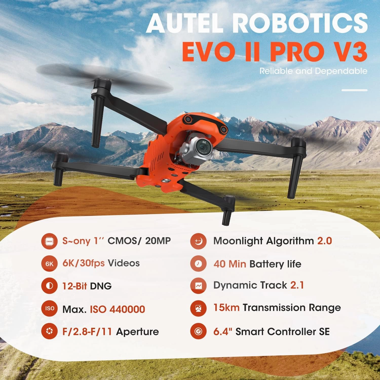 Autel Robotics EVO 2 Pro V3: Son-y 1" CMOS Sensor & 6K HDR Video, Moonlight Algorithm 2.0, Max ISO 44000,12-Bit DNG, 6.4" Smart Controller SE,15KM Transmission, 360° Obstacle Avoidance, 40 Minutes