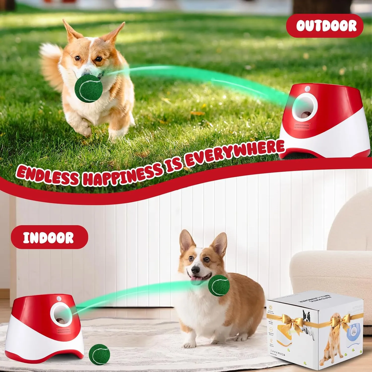 Automatic Ball Thrower for Dogs, Dog Ball Thrower Launcher with 10-30 Ft Distance, Rechargeable Automatic Dog Toy, Dog Ball Launcher - Included 12pcs 2" Balls, for Puppy (Red)