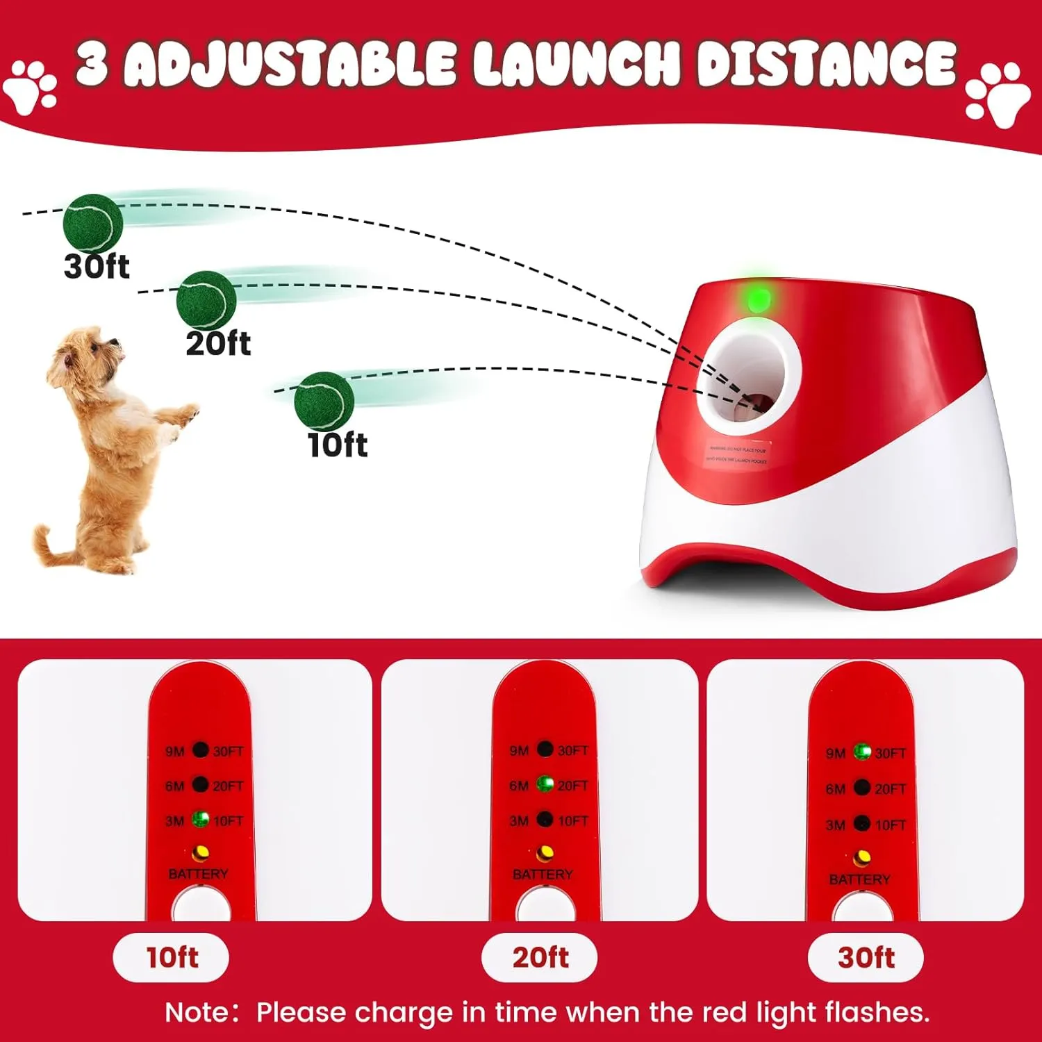 Automatic Ball Thrower for Dogs, Dog Ball Thrower Launcher with 10-30 Ft Distance, Rechargeable Automatic Dog Toy, Dog Ball Launcher - Included 12pcs 2" Balls, for Puppy (Red)