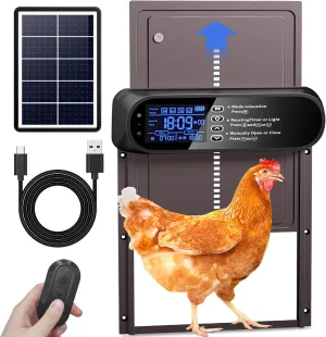 Automatic Chicken Coop Door Solar Powered, LCD Screen Electric Auto Chicken Coop Door with Timer & Light Sensor, Aluminum Rechargeable Automatic Chicken Door Opener with Remote Control & 4 Modes
