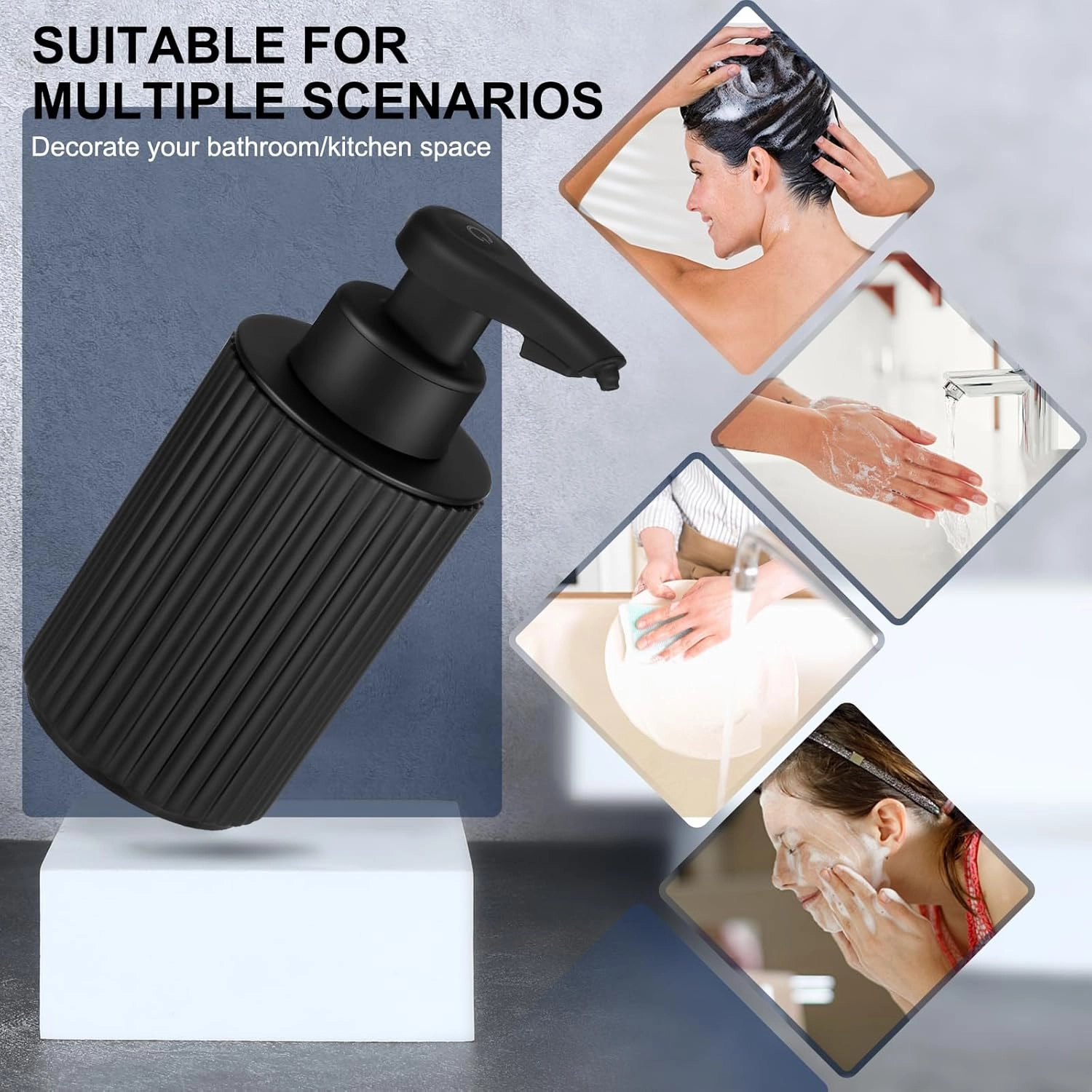 Automatic Soap Dispenser Liquid Touchless: 9oz Black Plastic - Rechargeable Electric Smart 3 Level Adjustable Auto Hand Soap Dispenser - Dish Bathroom Kitchen
