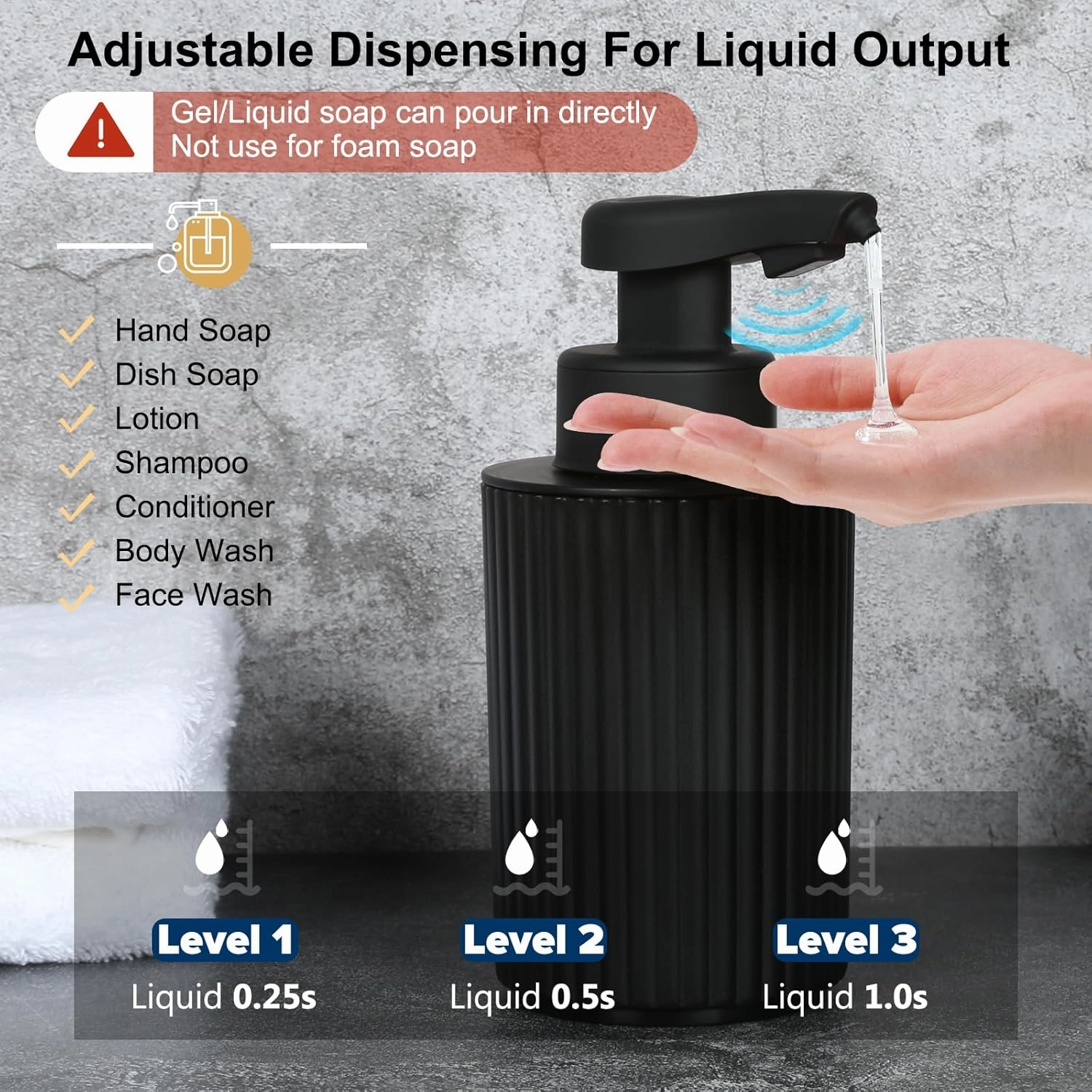 Automatic Soap Dispenser Liquid Touchless: 9oz Black Plastic - Rechargeable Electric Smart 3 Level Adjustable Auto Hand Soap Dispenser - Dish Bathroom Kitchen