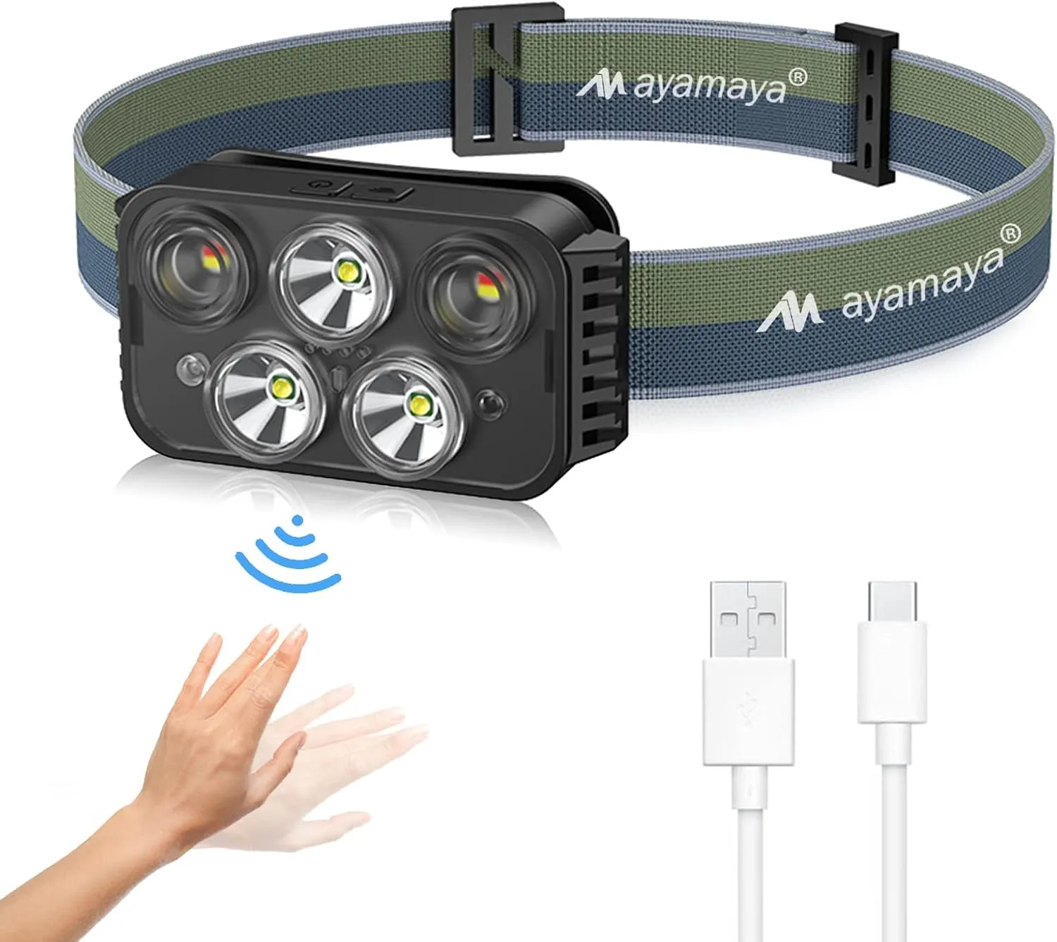 ayamaya Headlamp Rechargeable LED Head Lamp Flashlight 6 Modes with Motion Sensor - IPX4 Waterproof Headlight for Outdoor Camping, Hiking, Running, Fishing Adjustable Headband for Adults and Kids