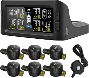 B-Qtech Tire Pressure Monitoring System Solar RV TPMS with 6 Flow Thru Sensors(0-199PSI) & Signal Booster, 7 Alarm Modes Real Time Display Pressure Tempereture for Trailer Motorhome,Pickup,Truck