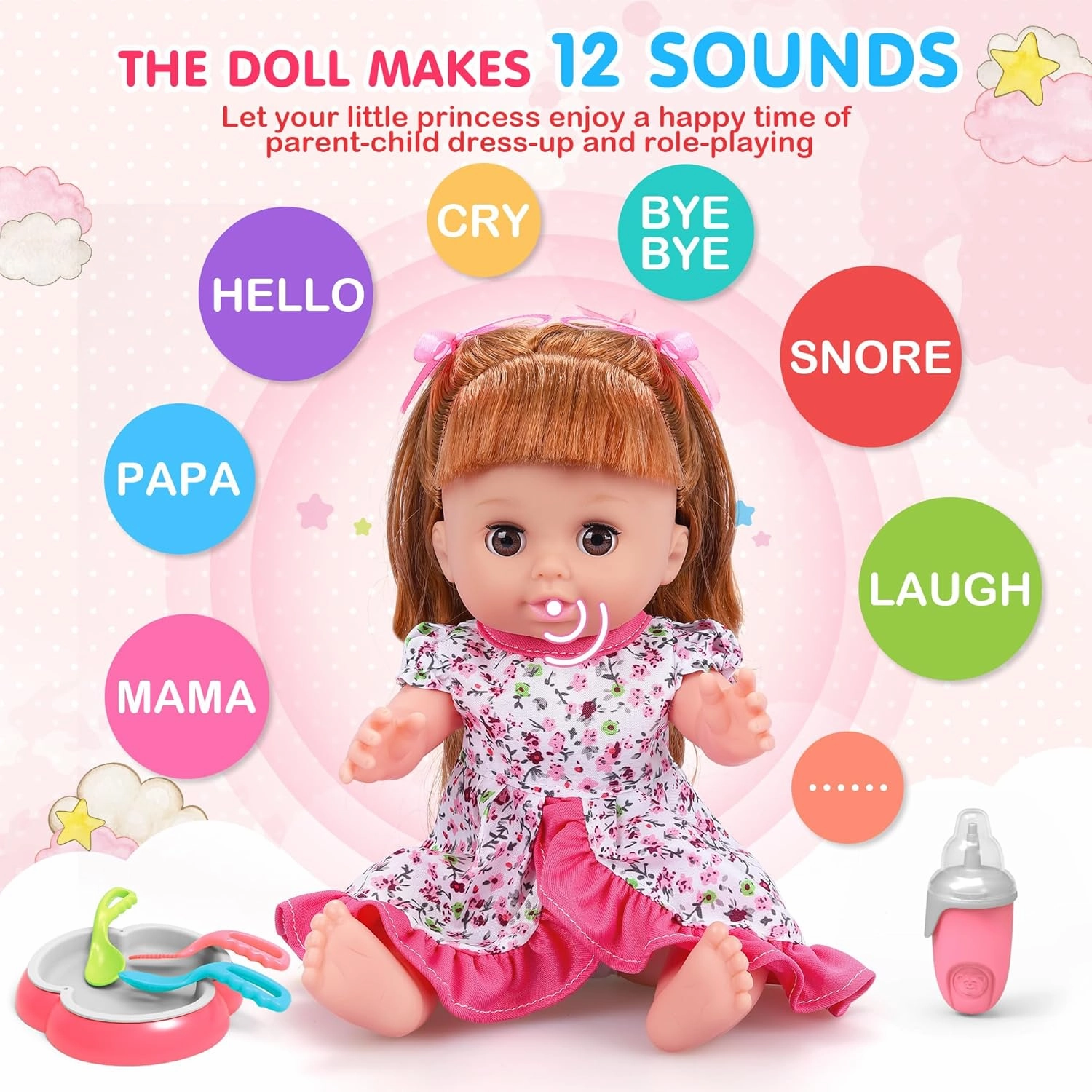 Baby Doll Toys Set, 14" Doll Toys, 25Pcs Dolls Care Toy Playset, Toddlers Toy Doll Set Incl Cradle Crib, High Chair, Milk Bottle, Pacifier, Diaper, Baby Gift for Age 3 4 5 6  Years Old Girls Boys