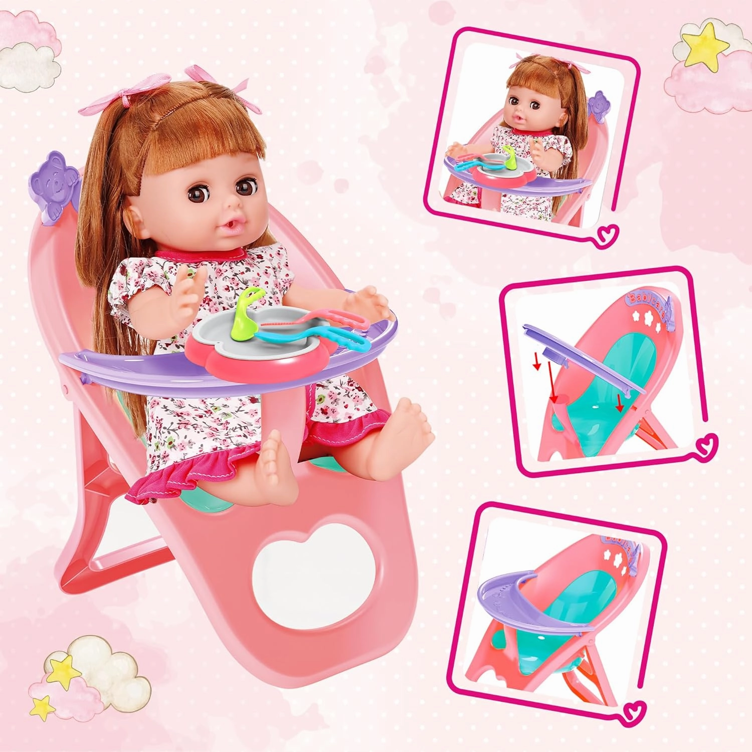 Baby Doll Toys Set, 14" Doll Toys, 25Pcs Dolls Care Toy Playset, Toddlers Toy Doll Set Incl Cradle Crib, High Chair, Milk Bottle, Pacifier, Diaper, Baby Gift for Age 3 4 5 6  Years Old Girls Boys