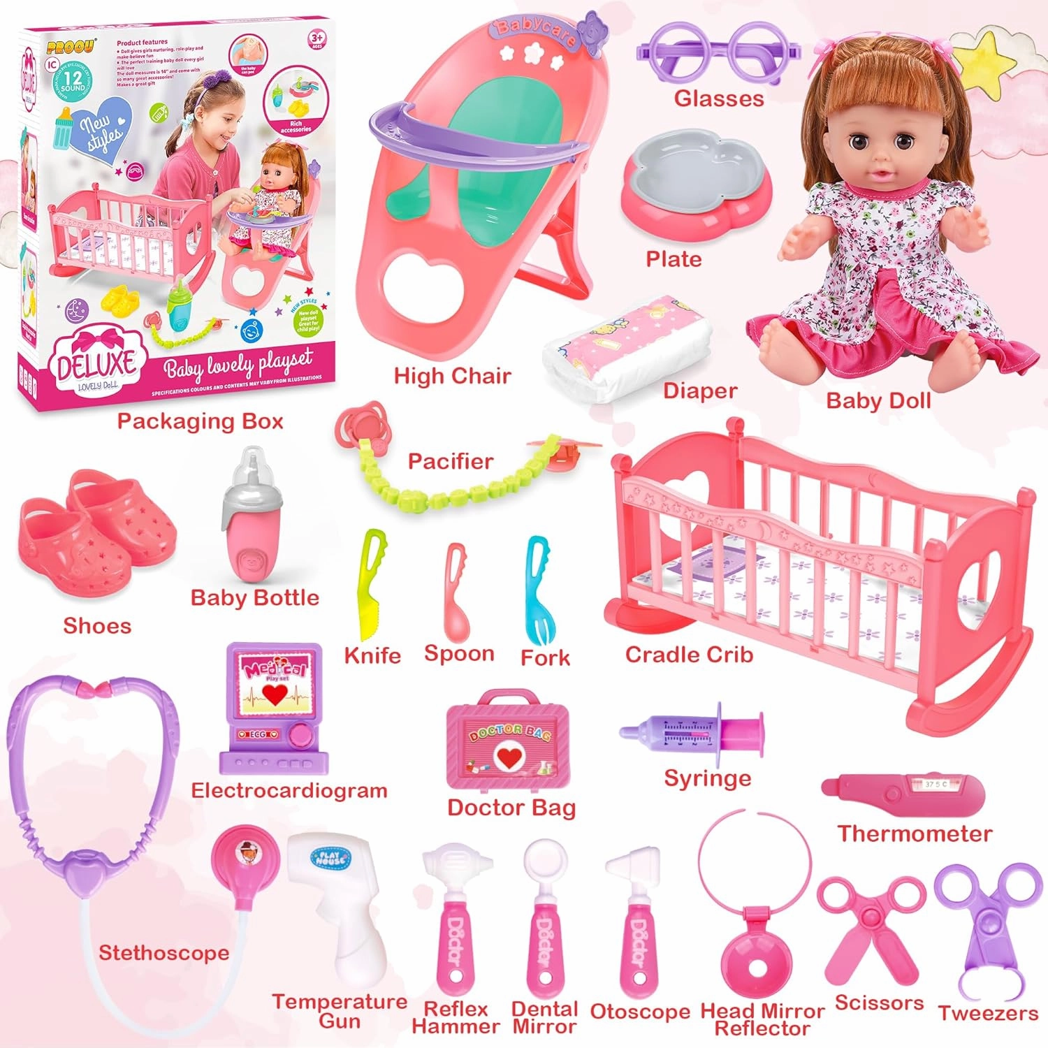 Baby Doll Toys Set, 14" Doll Toys, 25Pcs Dolls Care Toy Playset, Toddlers Toy Doll Set Incl Cradle Crib, High Chair, Milk Bottle, Pacifier, Diaper, Baby Gift for Age 3 4 5 6  Years Old Girls Boys