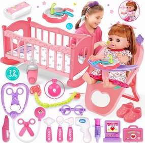 Baby Doll Toys Set, 14" Doll Toys, 25Pcs Dolls Care Toy Playset, Toddlers Toy Doll Set Incl Cradle Crib, High Chair, Milk Bottle, Pacifier, Diaper, Baby Gift for Age 3 4 5 6  Years Old Girls Boys