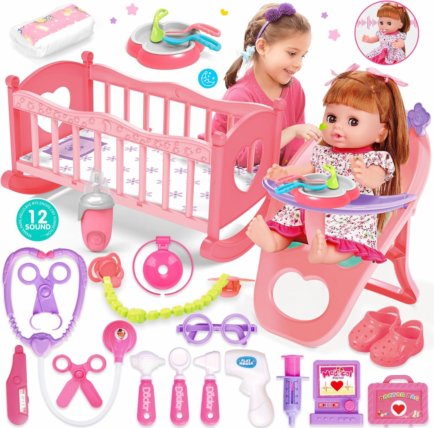 Baby Doll Toys Set, 14" Doll Toys, 25Pcs Dolls Care Toy Playset, Toddlers Toy Doll Set Incl Cradle Crib, High Chair, Milk Bottle, Pacifier, Diaper, Baby Gift for Age 3 4 5 6  Years Old Girls Boys