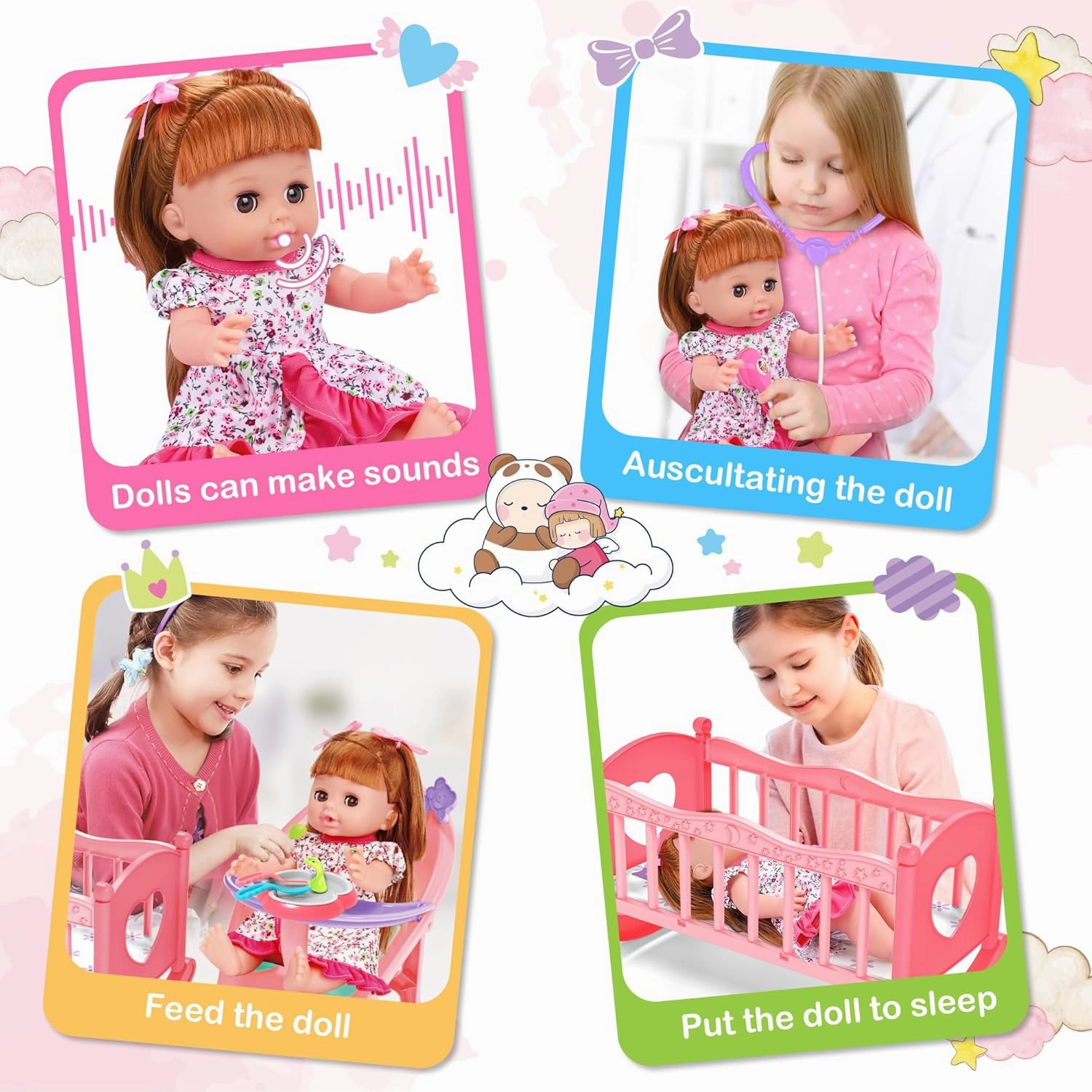 Baby Doll Toys Set, 14" Doll Toys, 25Pcs Dolls Care Toy Playset, Toddlers Toy Doll Set Incl Cradle Crib, High Chair, Milk Bottle, Pacifier, Diaper, Baby Gift for Age 3 4 5 6  Years Old Girls Boys