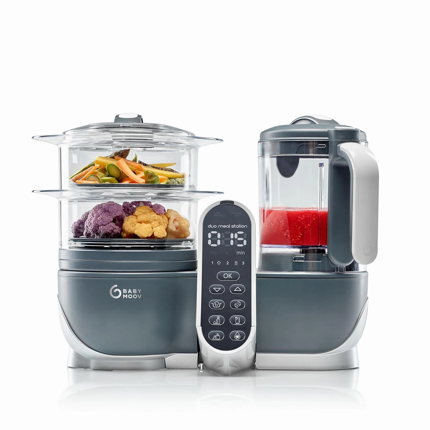 Babymoov Duo Meal Station Grey: Multi-Speed Baby Food Maker Steamer and Puree Blender, Baby Food Processor that warms & defrosts (Nutritionist Approved)