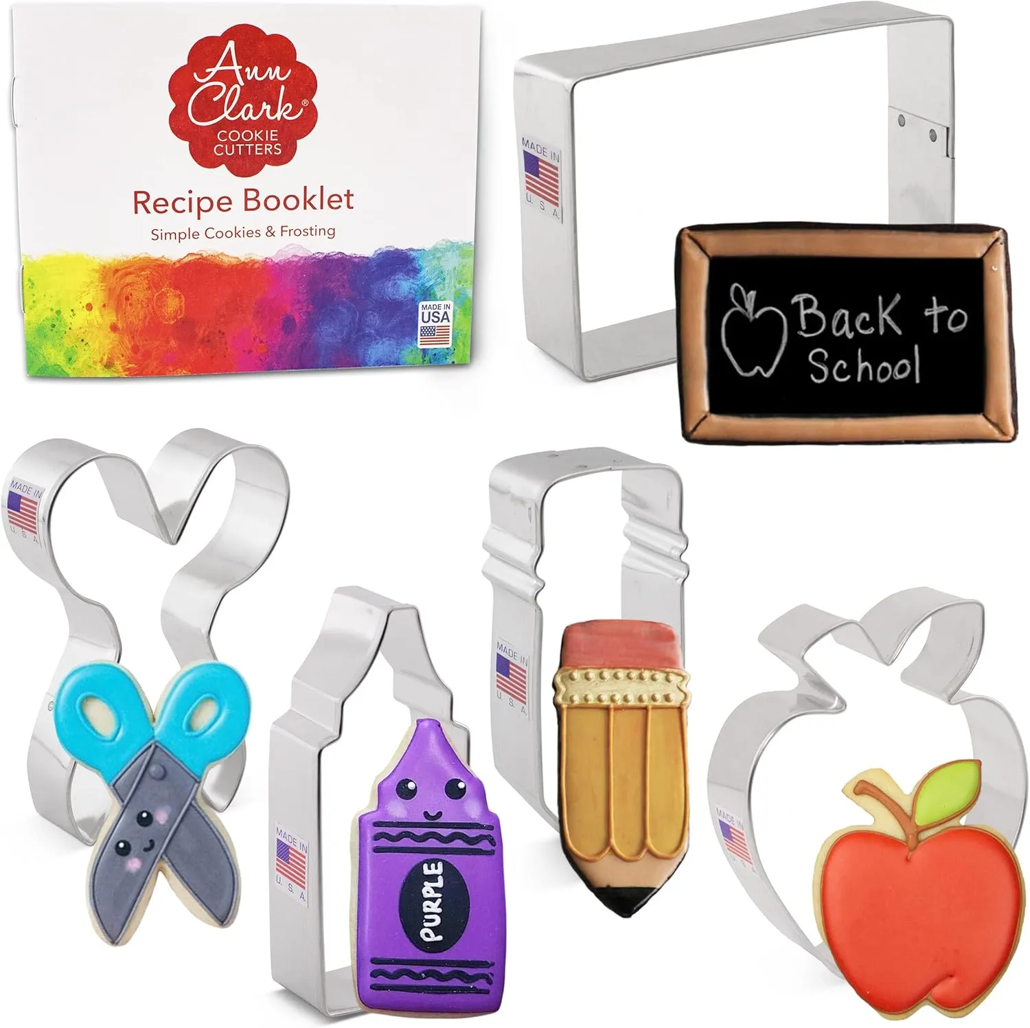 Back to School and Teacher Appreciation Cookie Cutters 5-Pc. Set Made in USA by Ann Clark, Apple, Pencil, Crayon, Scissors, Paper