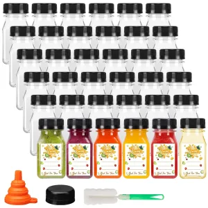 BAKHUK 36pcs 4oz Small Plastic Juice Bottles with Caps, Empty Reusable Clear Bulk Beverage Containers for Juice, Milk and Other Beverages,Suitable for Christmas Parties