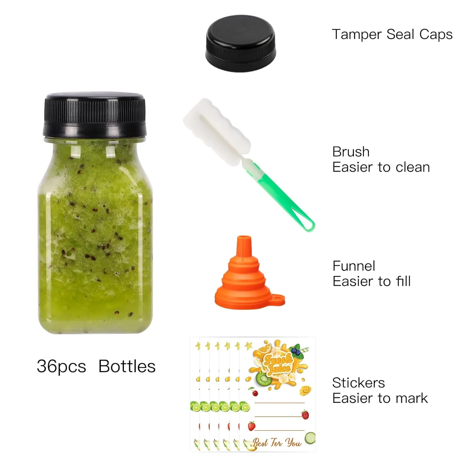 BAKHUK 36pcs 4oz Small Plastic Juice Bottles with Caps, Empty Reusable Clear Bulk Beverage Containers for Juice, Milk and Other Beverages,Suitable for Christmas Parties