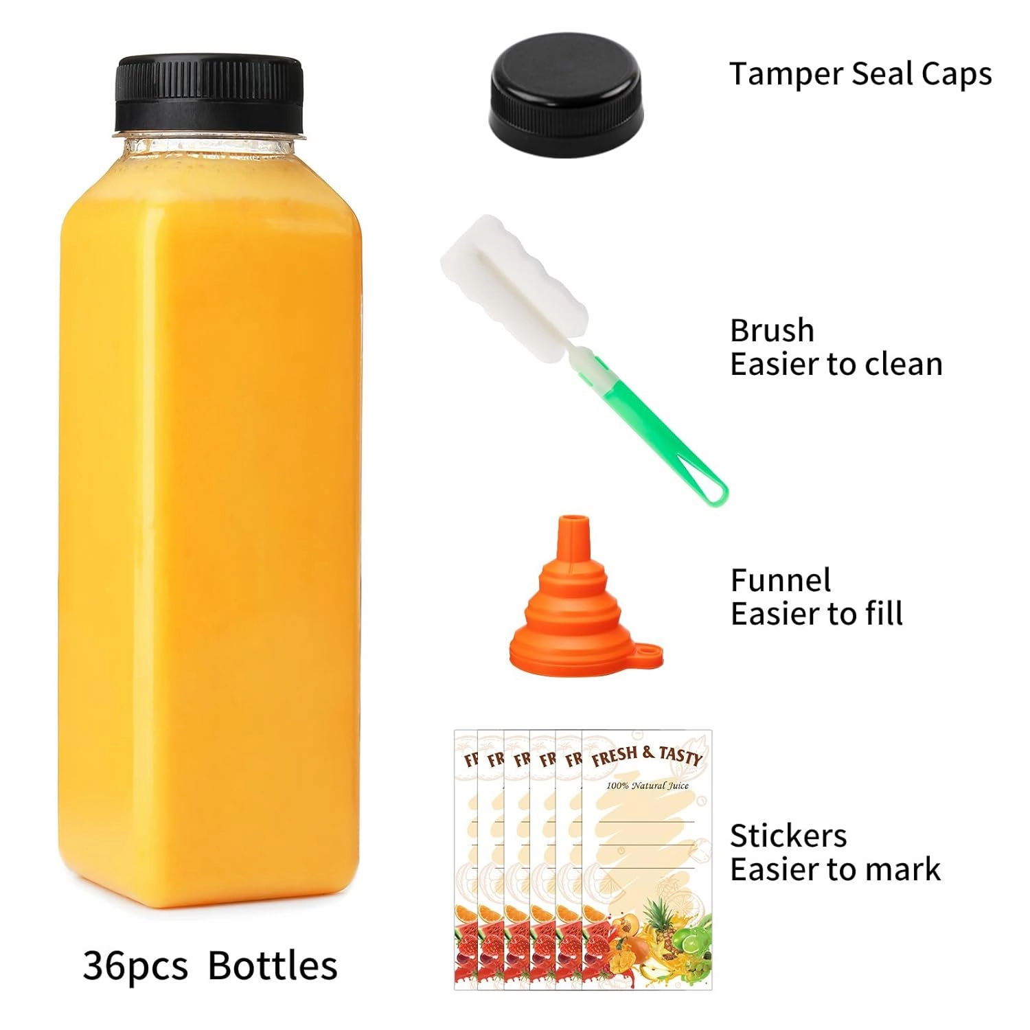 BAKHUK 36pcs 16oz Empty Plastic Juice Bottles with Caps, Reusable Clear Bulk Beverage Containers for Juice, Milk and Other Beverages