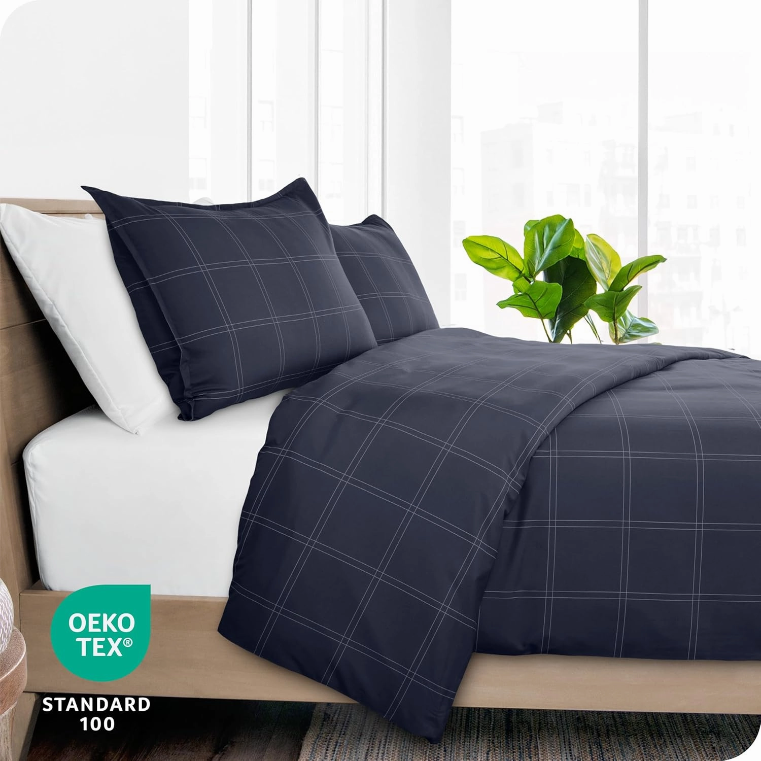 Bare Home Bedding Duvet Cover Set Queen Size - Premium 1800 Super Soft Collection - Lightweight, Duvet Cover - Soft Textured Bedding (Queen, Modern Plaid - Midnight Blue/White)