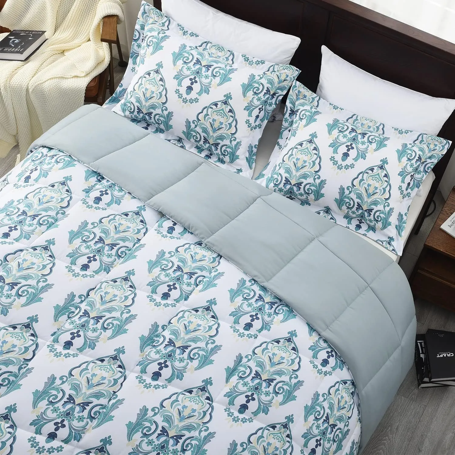 Basic Beyond Queen Comforter Set - Green Floral Comforter Set Queen Size,Lightweight Down Alternative Bed Comforter Queen Set(Green,Queen)