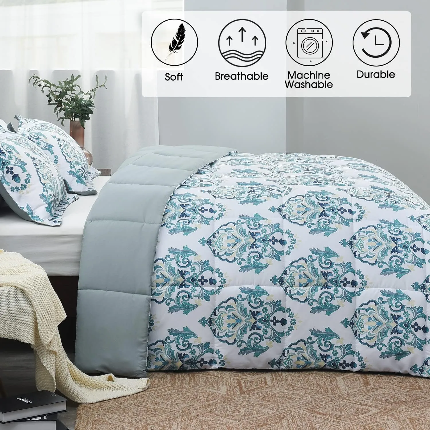 Basic Beyond Queen Comforter Set - Green Floral Comforter Set Queen Size,Lightweight Down Alternative Bed Comforter Queen Set(Green,Queen)