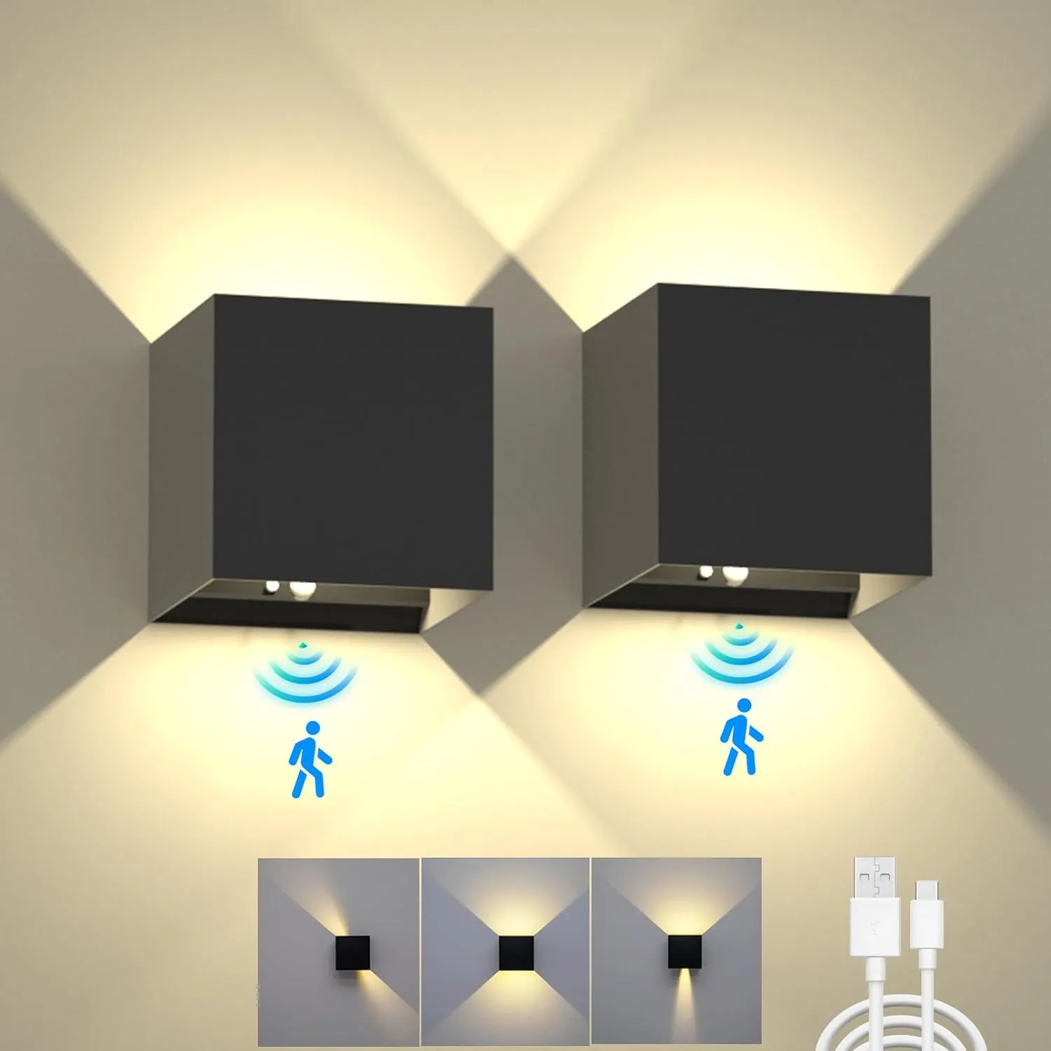 Battery Operated Wall Sconce Set of 2, Motion Sensor Light Indoor, 6000mAh Wall Lights Rechargeable, Cordless LED Energy Saving Night Light for Hallway Stairway Porch, Black