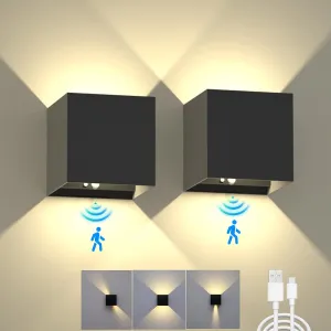 Battery Operated Wall Sconce Set of 2, Motion Sensor Light Indoor, 6000mAh Wall Lights Rechargeable, Cordless LED Energy Saving Night Light for Hallway Stairway Porch, Black