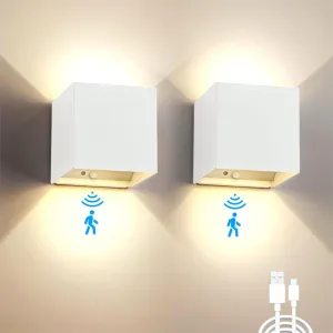 Battery Operated Wall Sconce Set of 2, Motion Sensor Light Indoor, 6000mAh Wall Lights Rechargeable, Magnetic Cordless LED Energy Saving Night Lights for Hallway Stairway Porch, White