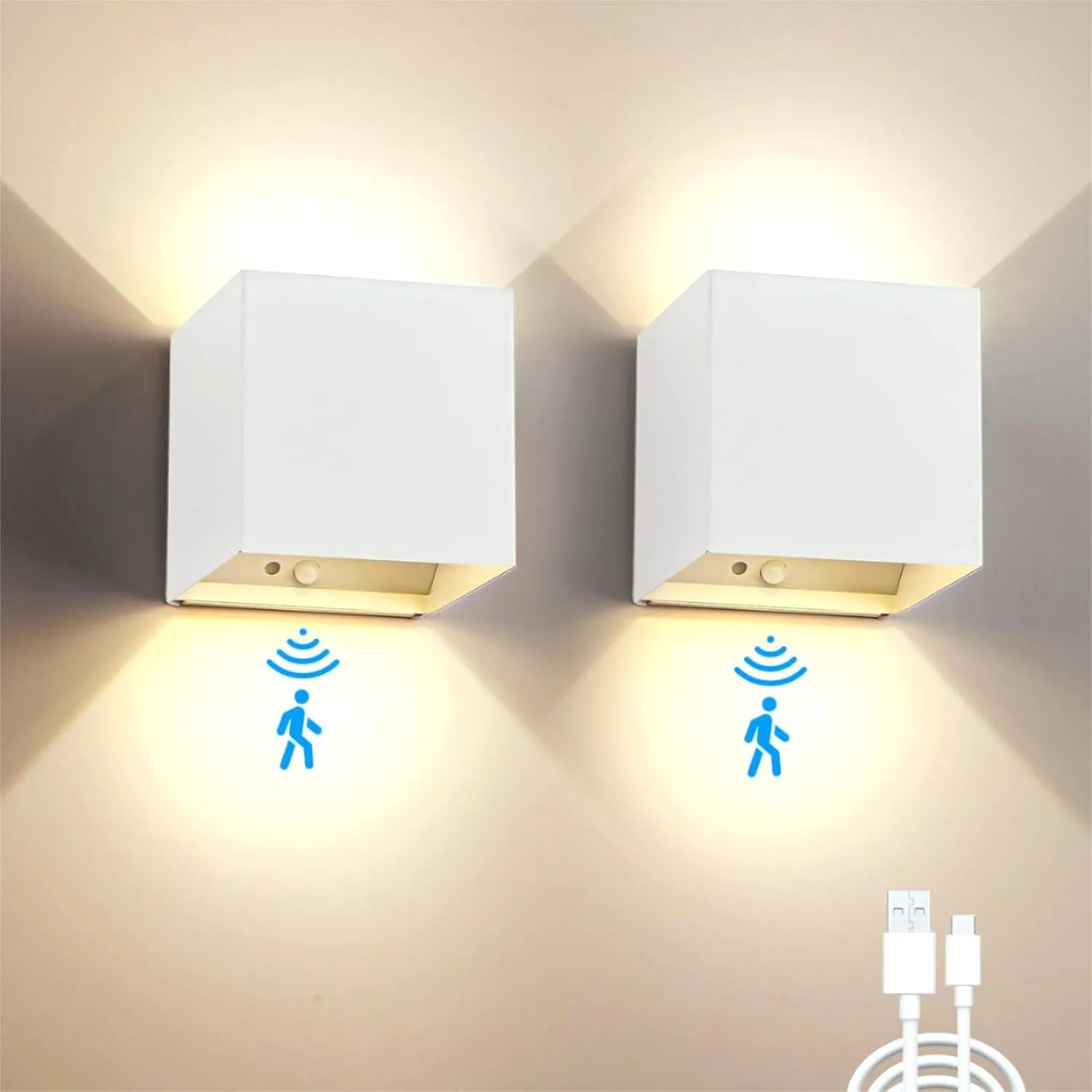 Battery Operated Wall Sconce Set of 2, Motion Sensor Light Indoor, 6000mAh Wall Lights Rechargeable, Magnetic Cordless LED Energy Saving Night Lights for Hallway Stairway Porch, White