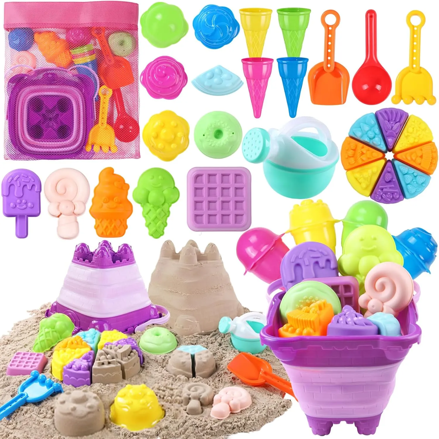 Beach Toy Set for Kids，29pcs Ice Cream Sand Toys with Collapsible Silicone Bucket Mesh Bag Watering Can Sandbox Toys for Cake Lollipop Molds Summer Outdoor Travel Toys for Toddlers Girls
