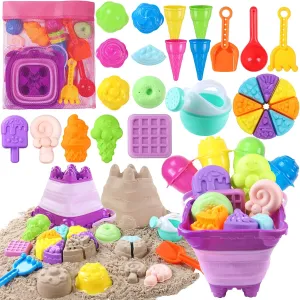 Beach Toy Set for Kids，29pcs Ice Cream Sand Toys with Collapsible Silicone Bucket Mesh Bag Watering Can Sandbox Toys for Cake Lollipop Molds Summer Outdoor Travel Toys for Toddlers Girls