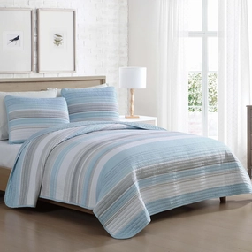 Beatrice Home Fashions Coralinn Striped 3-Piece Quilt Set, Lightweight, All-Seasons, King, Blue Gray